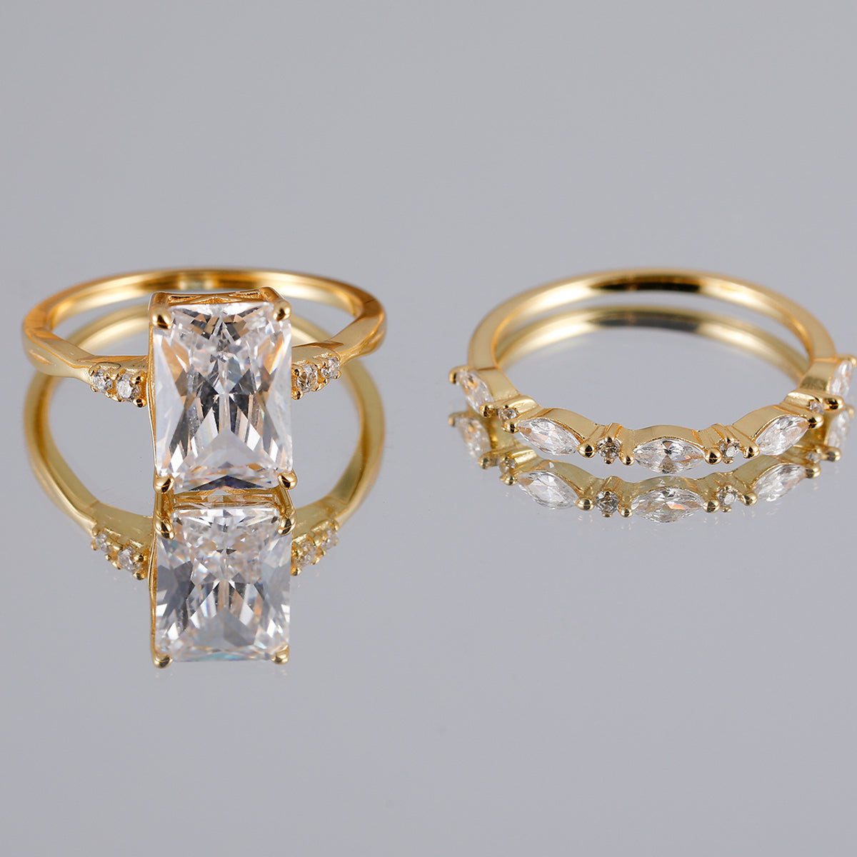 Planderful Sparkling Emerald Cut Moissanite Ring For Women With Marquise Accent Stones Two Piece Silver Plated Set