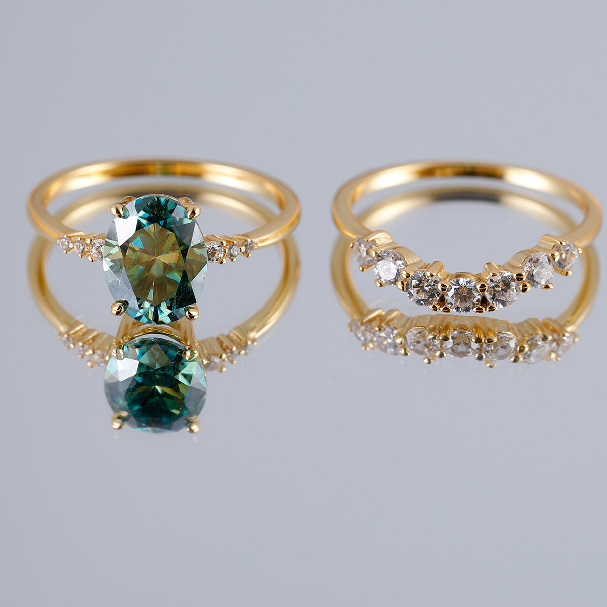 Planderful Moissanite Ring Set For Women Two Piece Lake Green Oval 2.0CT Sparkling S925 Gold Plated