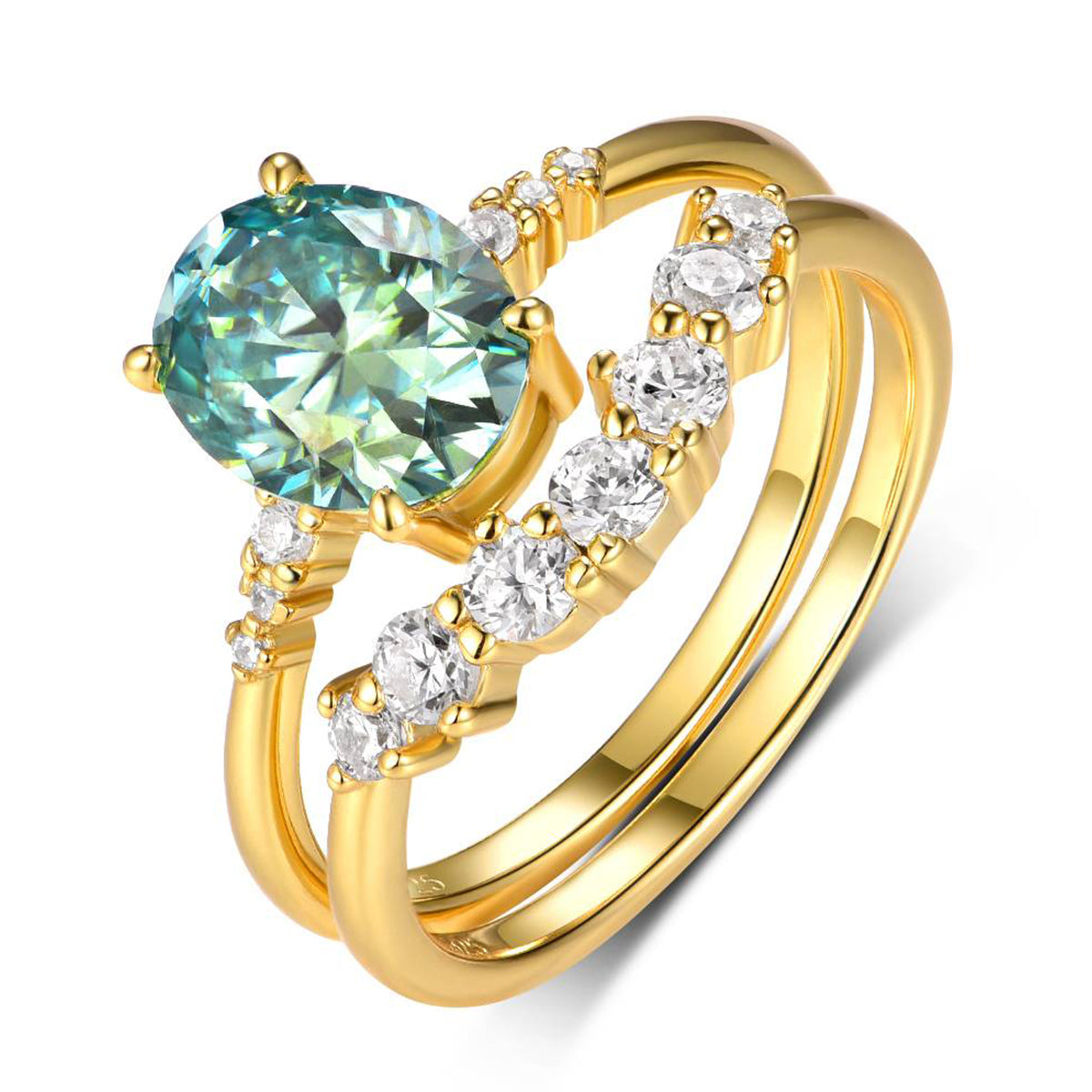 Planderful Moissanite Ring Set For Women Two Piece Lake Green Oval 2.0CT Sparkling S925 Gold Plated