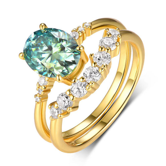 Planderful Moissanite Ring Set For Women Two Piece Lake Green Oval 2.0CT Sparkling S925 Gold Plated
