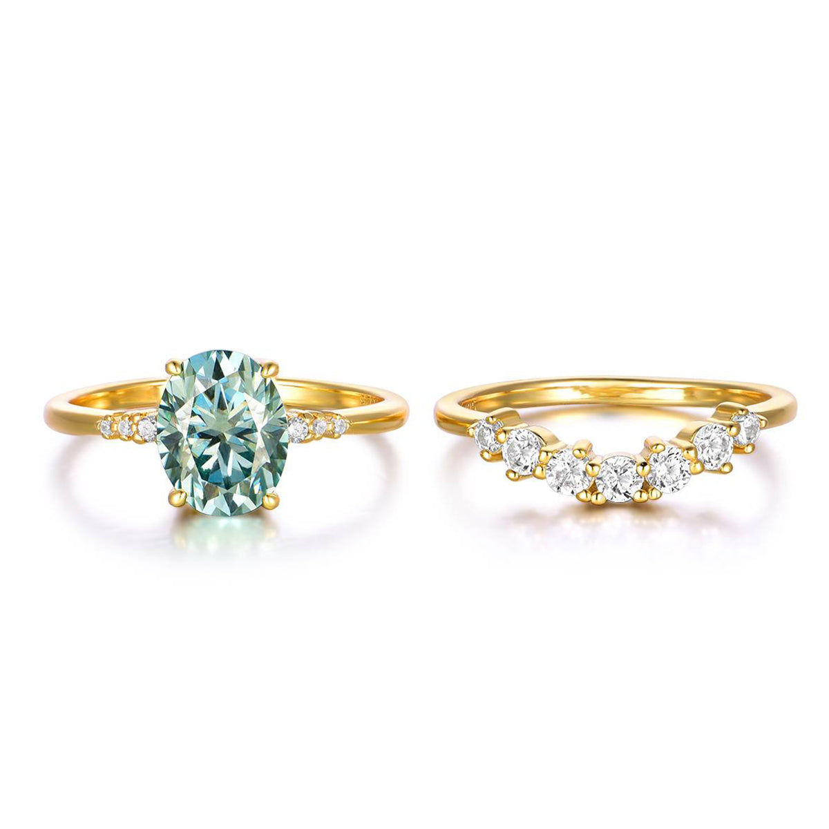Planderful Moissanite Ring Set For Women Two Piece Lake Green Oval 2.0CT Sparkling S925 Gold Plated