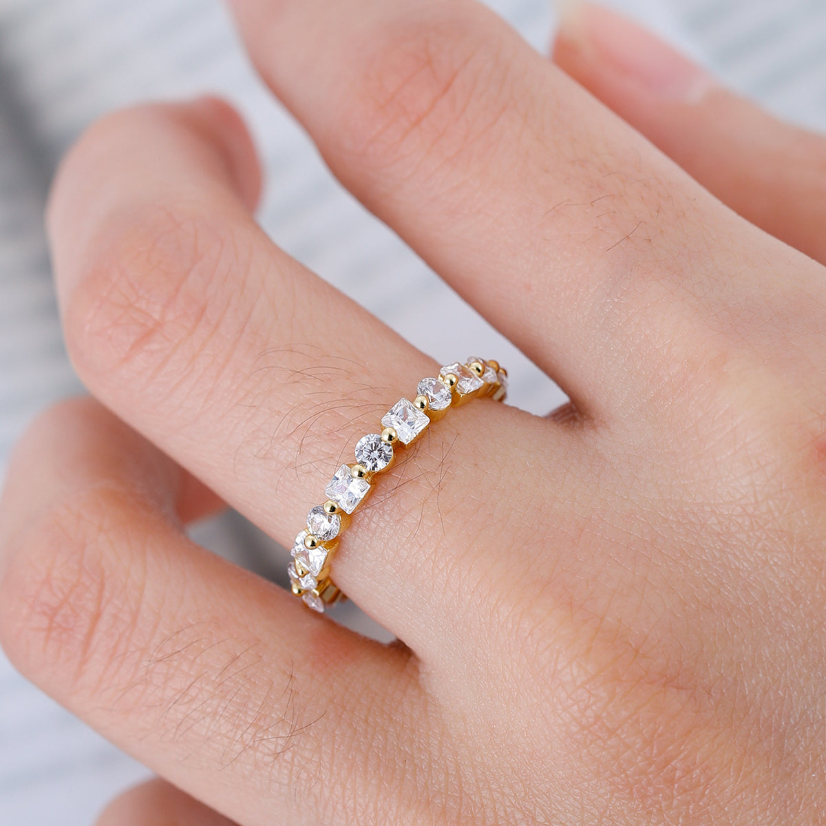 Planderful Moissanite Eternity Ring 2.1CT Full Round And Princess Cut Sterling Silver Plated Gold For Her