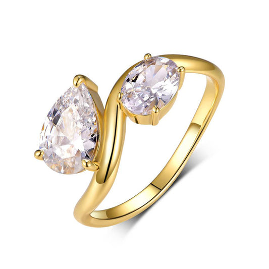 Planderful Moissanite Ring Sparkling Dual Stone For Women 2.5CT Pear Oval Drops S925 Gold Plated