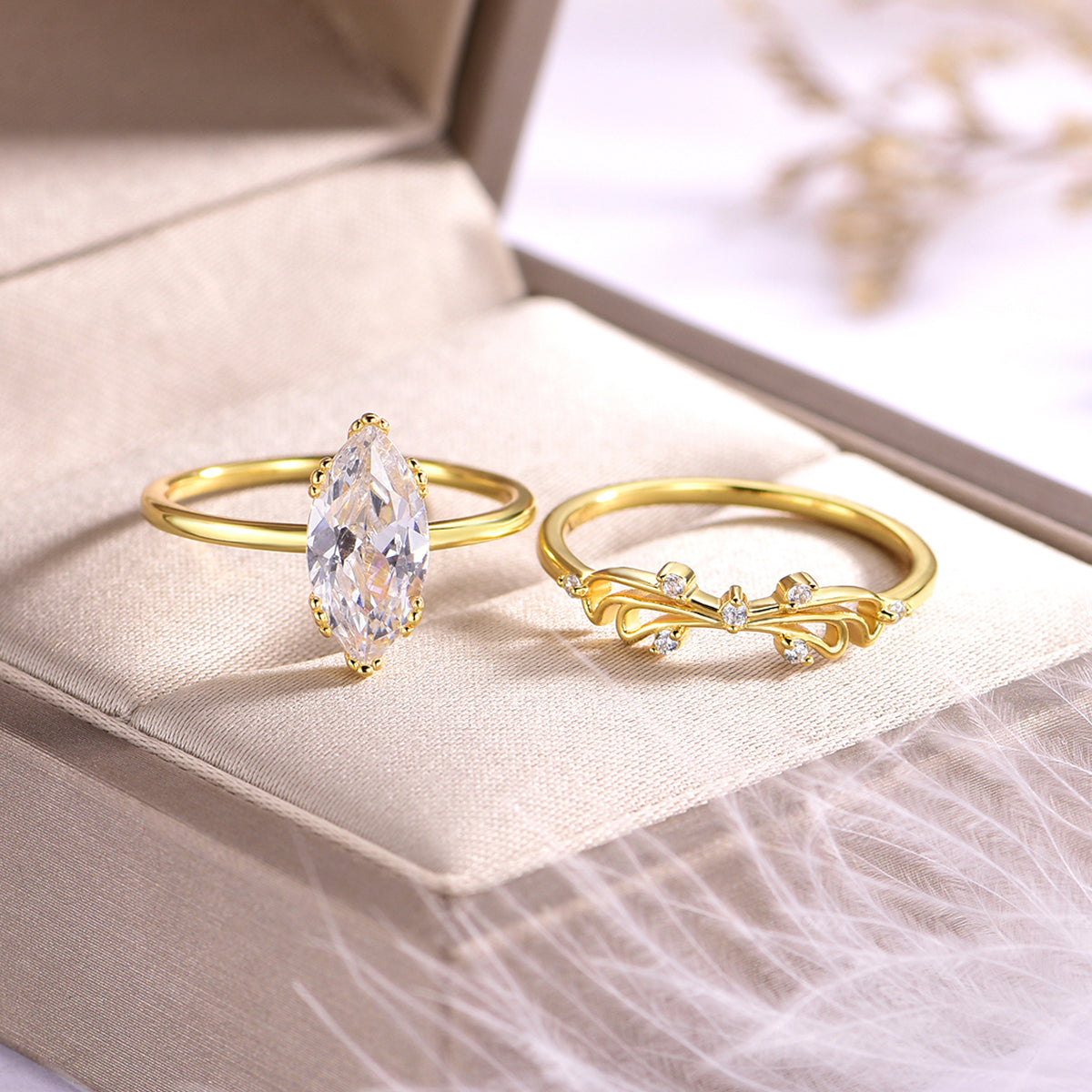 Planderful Moissanite Ring Set For Women Exquisite Lace Butterfly Design 2.0 Carat Main Stone S925 Gold Plated