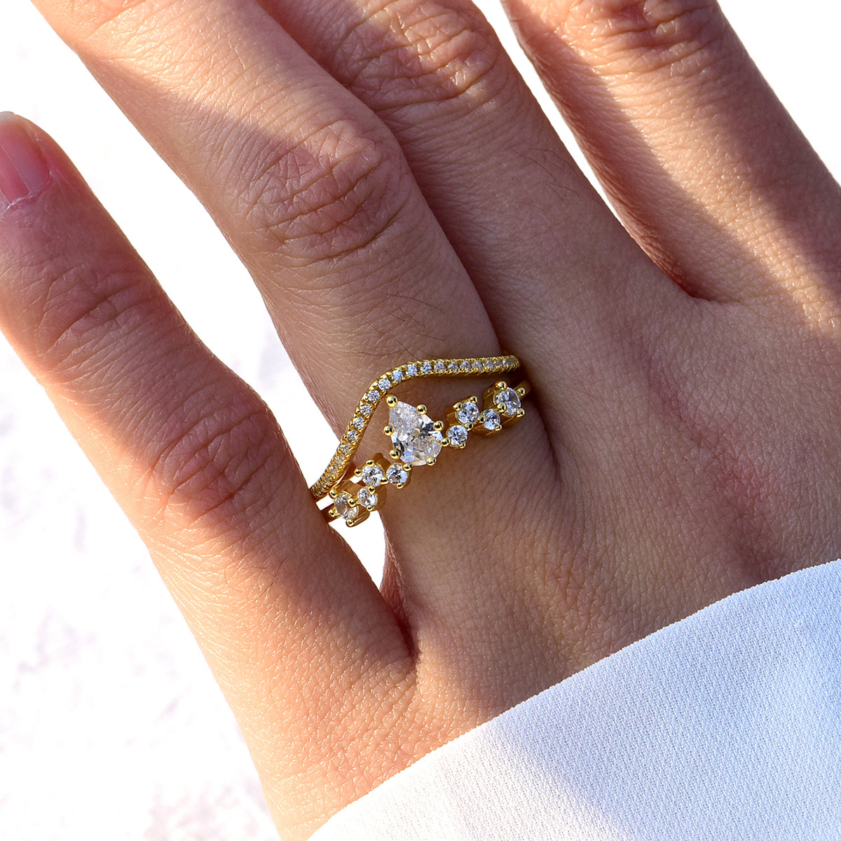 Planderful Water Droplet Moissanite Ring Set For Women Exquisite V Shaped Two Piece 0.5CT S925 Silver Plated Gold