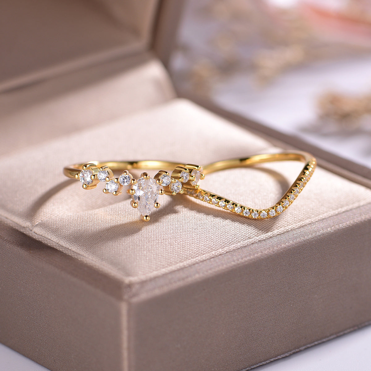 Planderful Water Droplet Moissanite Ring Set For Women Exquisite V Shaped Two Piece 0.5CT S925 Silver Plated Gold