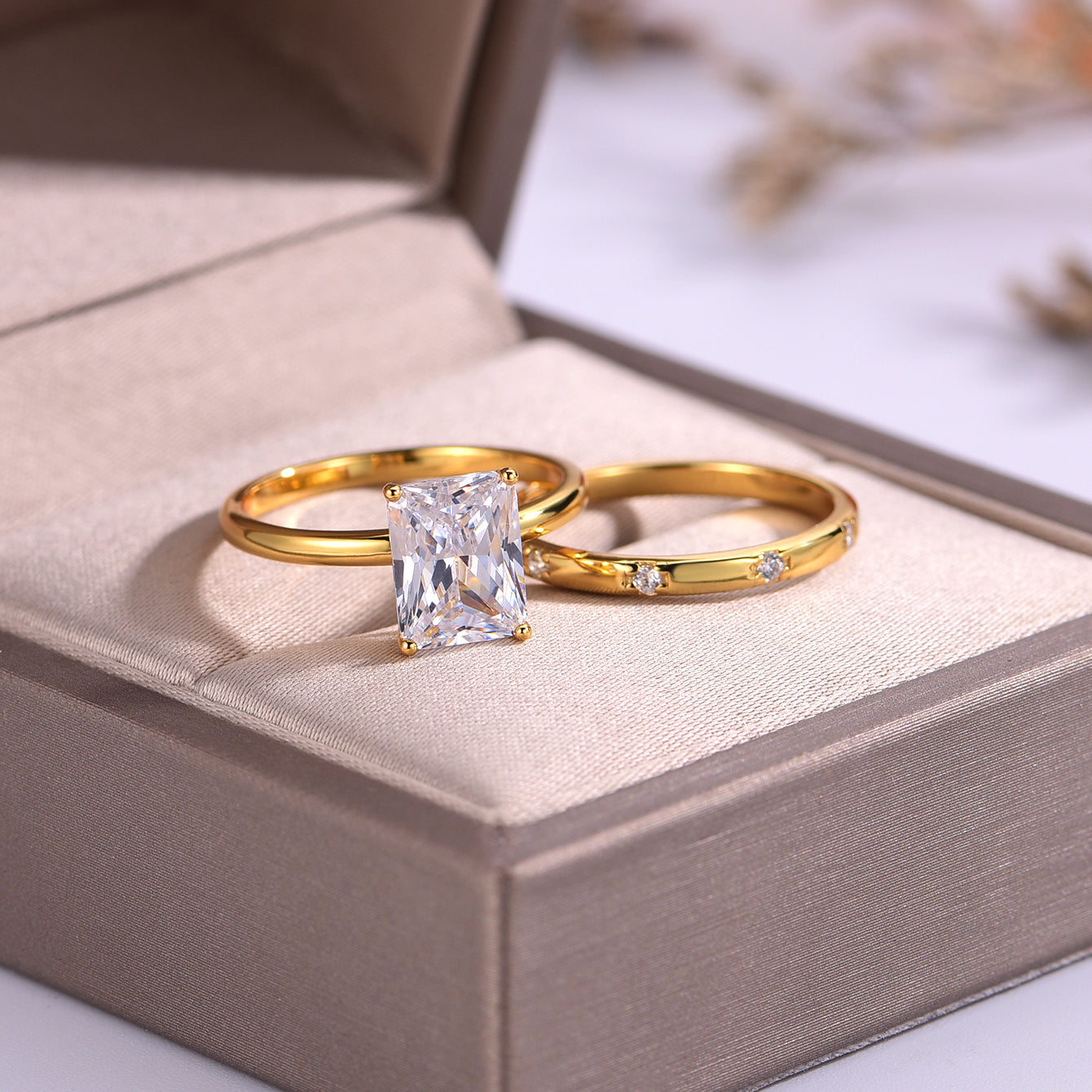 Planderful Emerald Cut Moissanite Ring Set For Women 3ct S925 Gold Plated Minimalist Two Piece Sparkling Elegant Jewelry