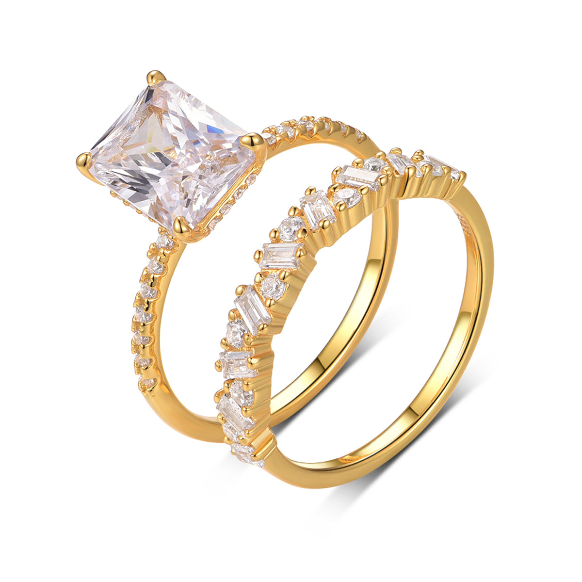 Planderful Moissanite Emerald Cut Ring 3.0Ct S925 Silver Plated Gold Two Piece Women's Half Eternity Set