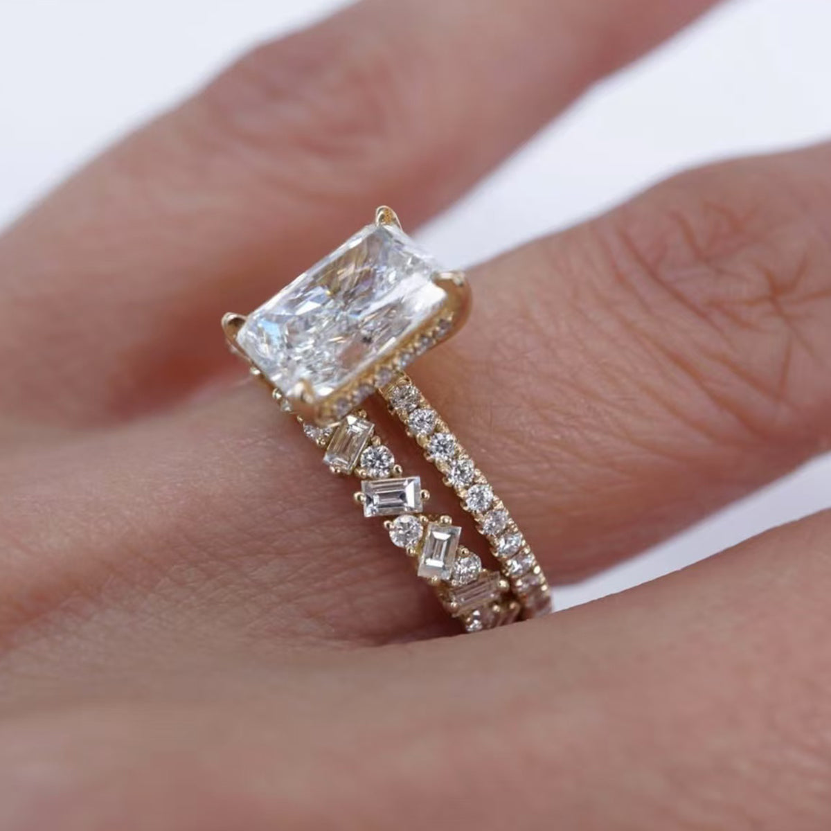 Planderful Moissanite Emerald Cut Ring 3.0Ct S925 Silver Plated Gold Two Piece Women's Half Eternity Set