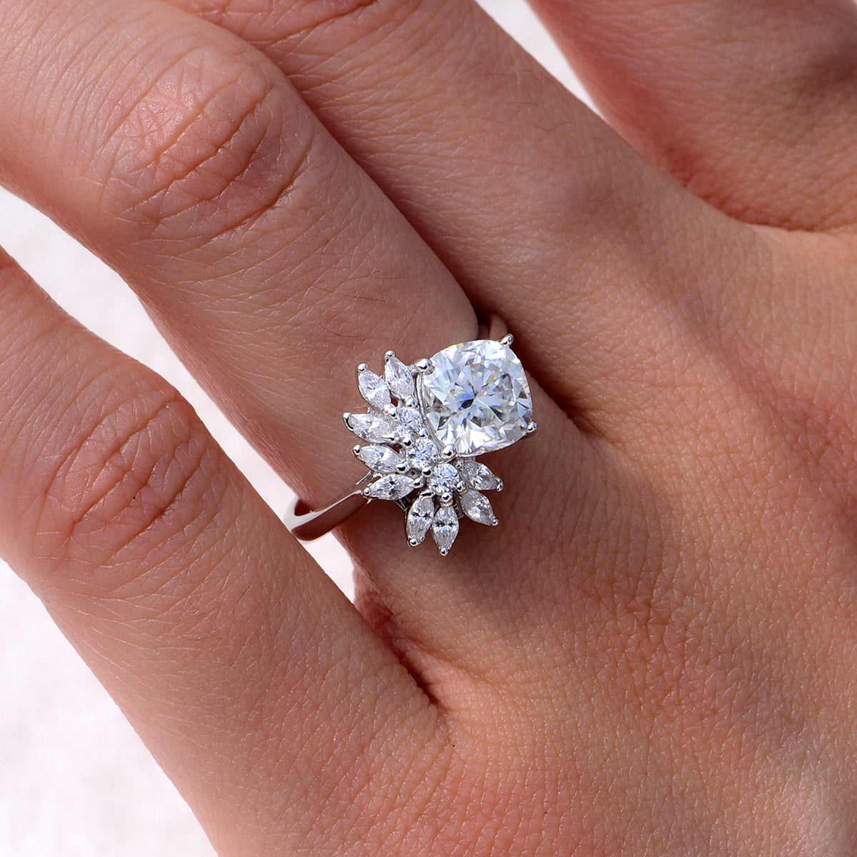 Planderful Moissanite Ring For Women 2.0Ct Cushion Cut Sparkling S925 Silver Plated Fireworks Design