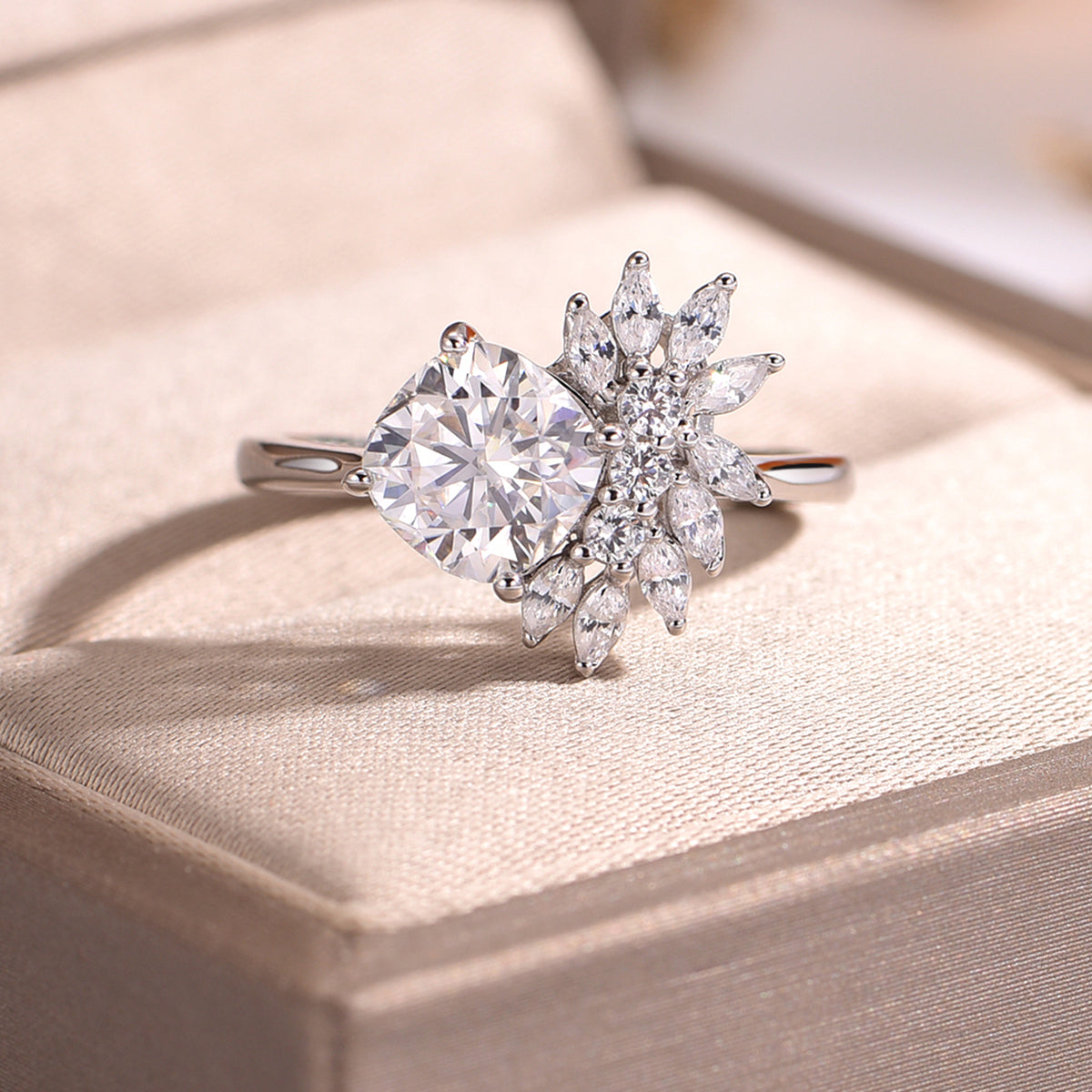 Planderful Moissanite Ring For Women 2.0Ct Cushion Cut Sparkling S925 Silver Plated Fireworks Design