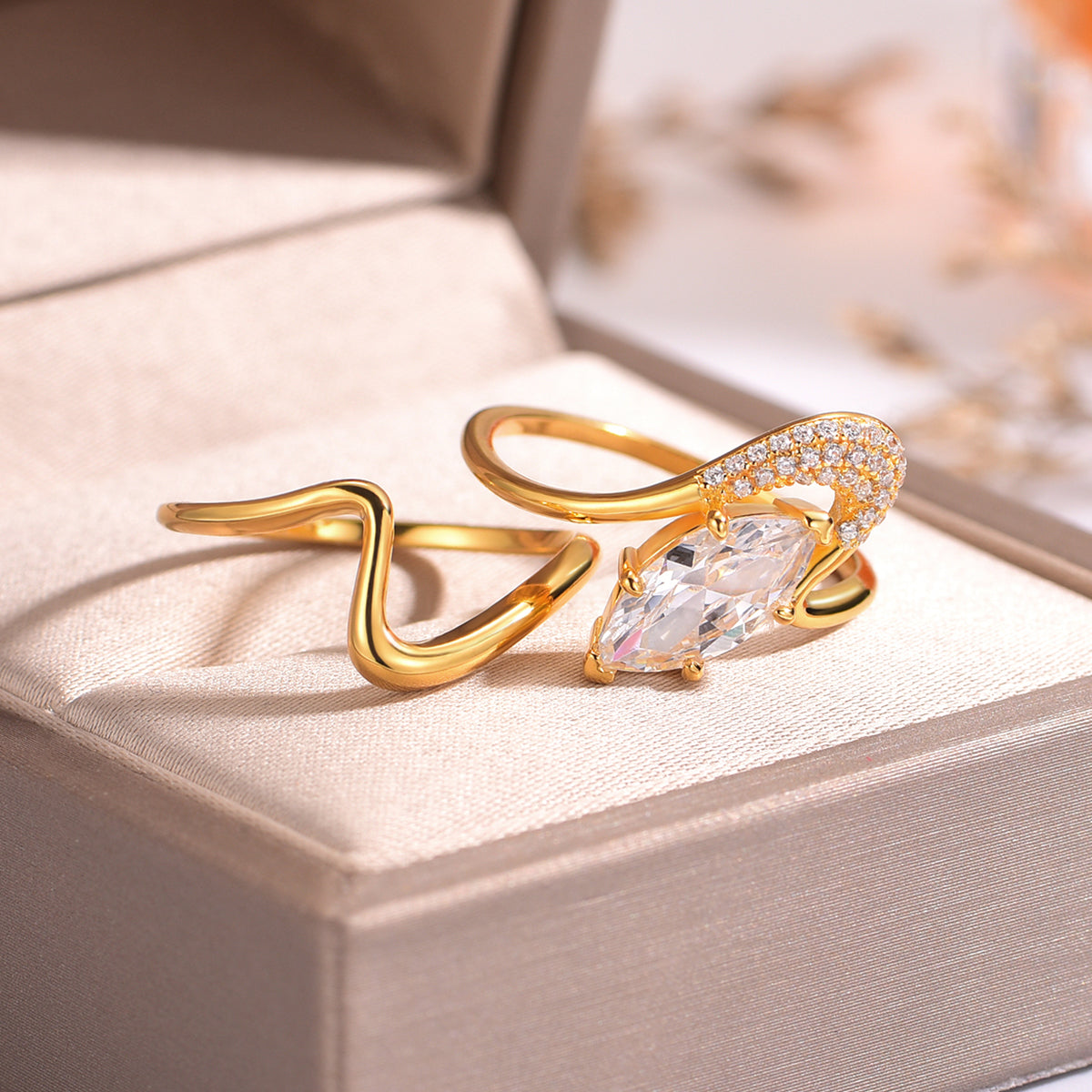 Planderful Shop Moissanite Ring Set For Women Marquise Cut Two Piece Two Carat Sparkling S925 Silver Plated Gold Wave