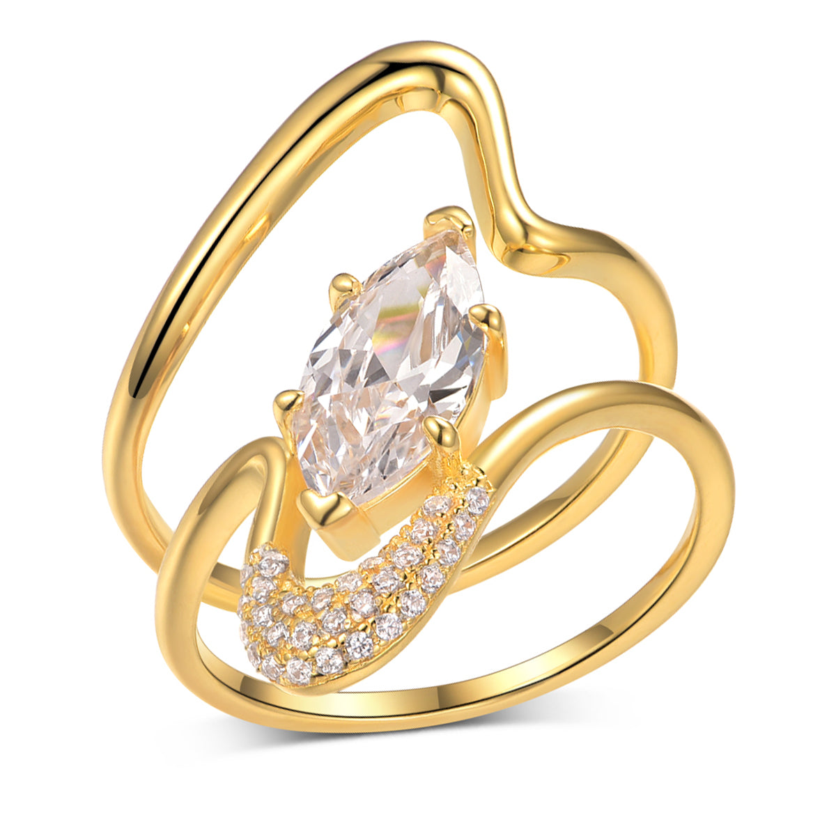 Planderful Shop Moissanite Ring Set For Women Marquise Cut Two Piece Two Carat Sparkling S925 Silver Plated Gold Wave