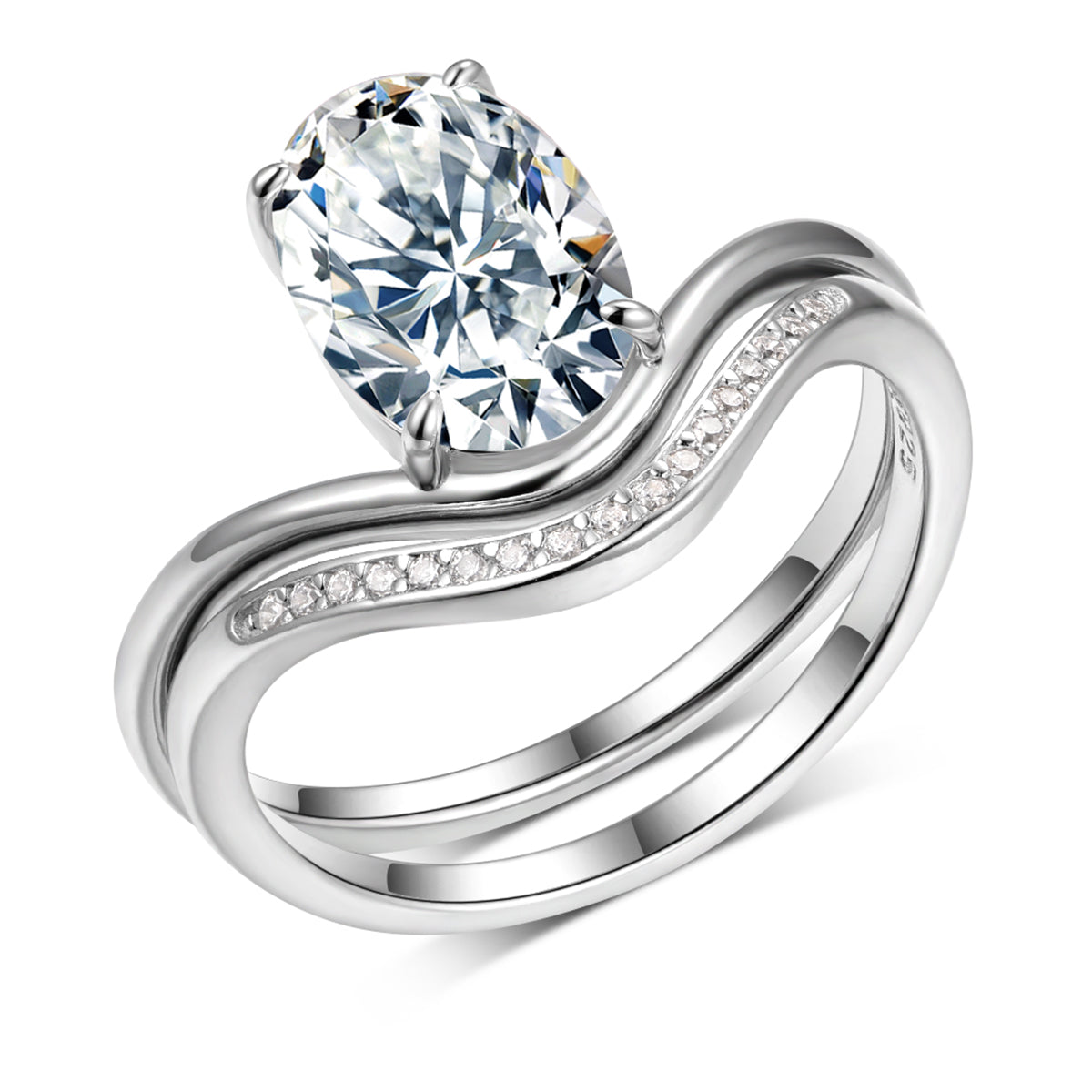 Planderful Oval Moissanite Ring Set 2.5CT S925 Sterling Silver V Shape For Brides Engagement