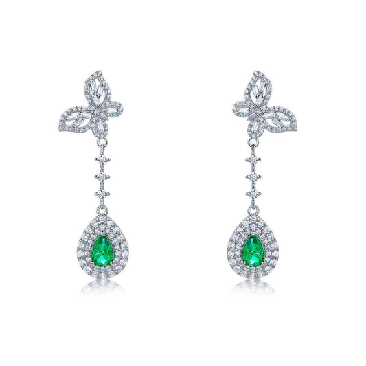 Planderful Lab Grown Gemstone Pear Drop Earrings With Double Halo Butterfly Long Drop For Women