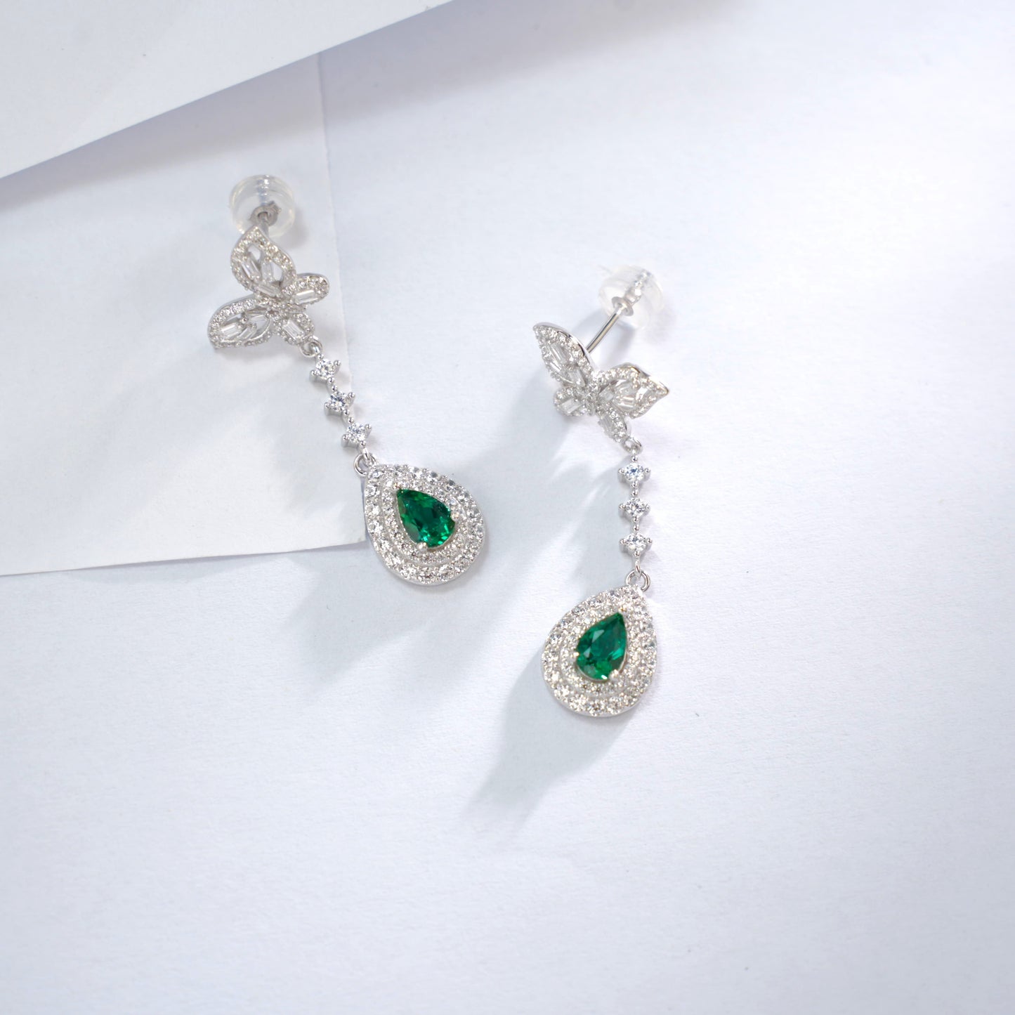 Planderful Lab Grown Gemstone Pear Drop Earrings With Double Halo Butterfly Long Drop For Women