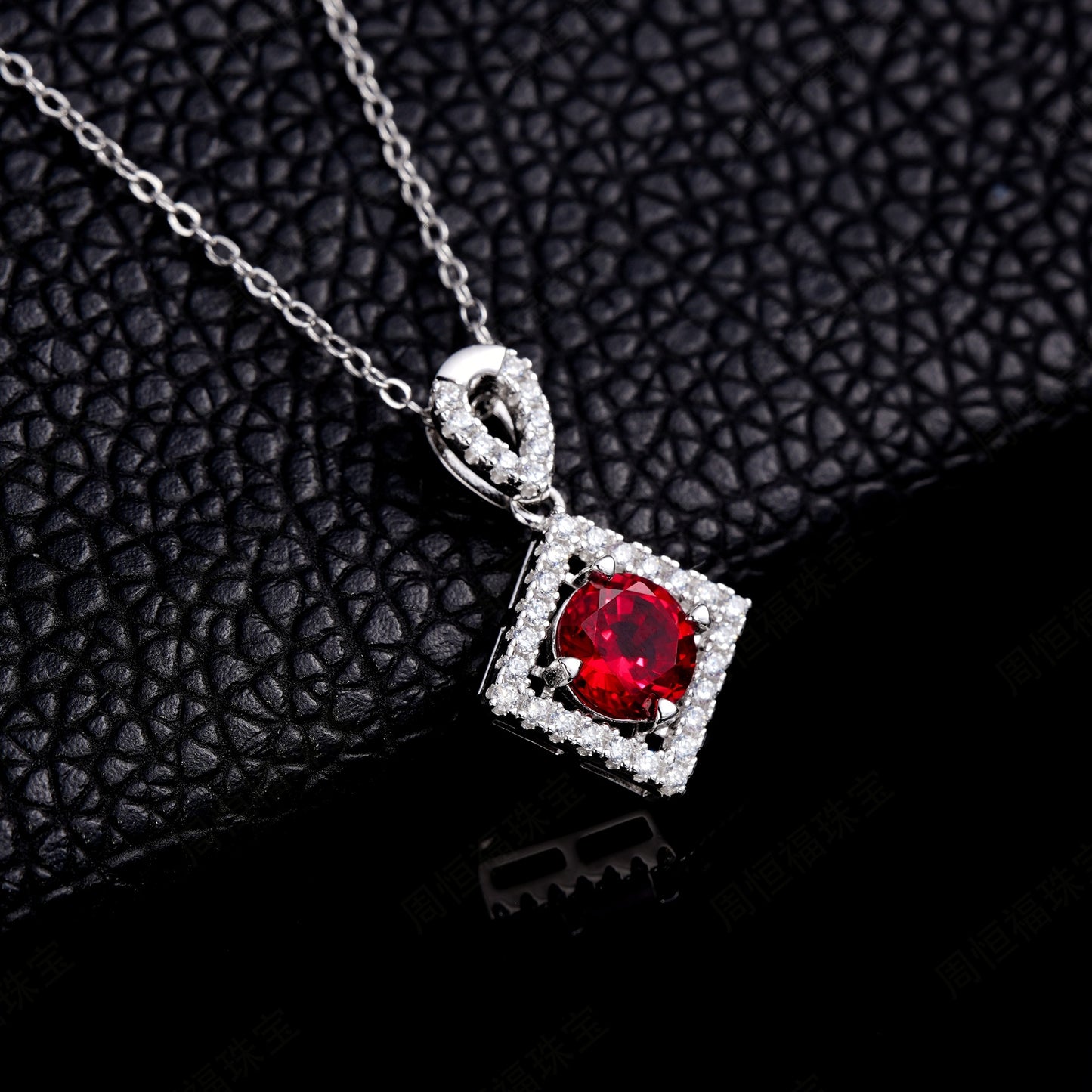 Planderful Lab Grown Gemstone Necklace 6.5mm Round Gem S925 Silver Plated Square Pendant Gala Fireworks For Her