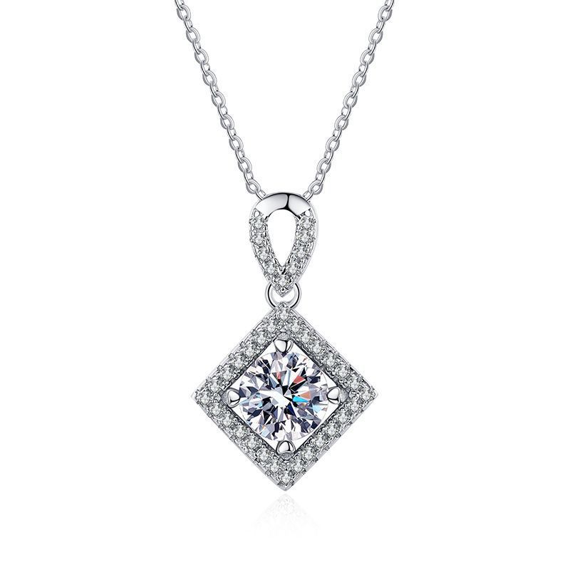 Planderful Lab Grown Gemstone Necklace 6.5mm Round Gem S925 Silver Plated Square Pendant Gala Fireworks For Her