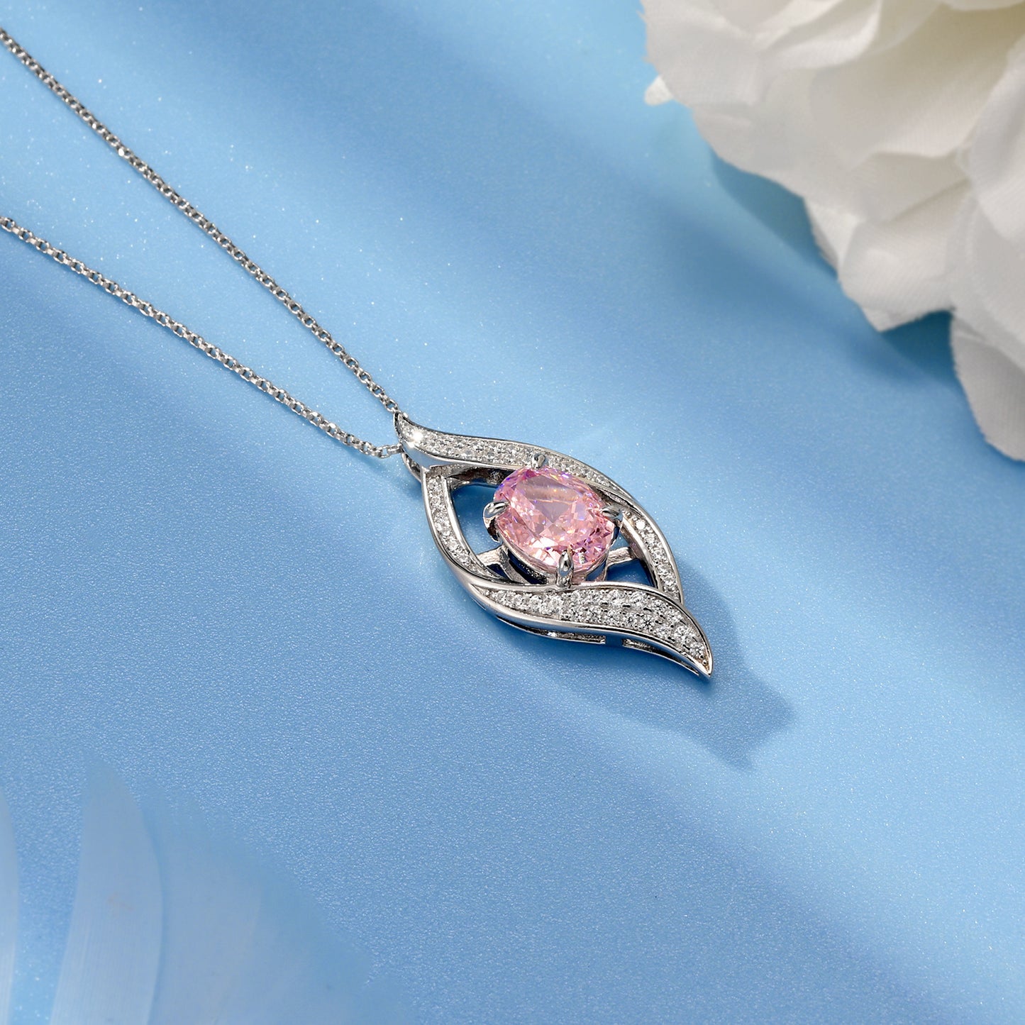 Planderful Lab Grown Gemstone Necklace Oval Eye Shape Pendant S925 Silver Plated For Women