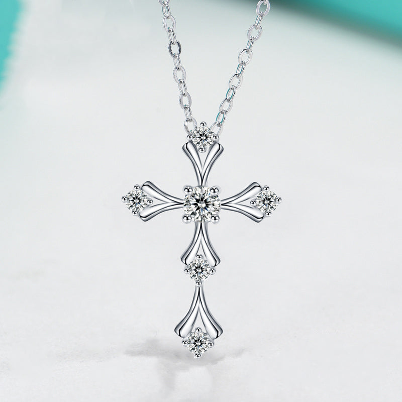 Planderful Elegant Sparkling 0.2CT Round Moissanite S925 Silver Plated Platinum Cross Pendant Necklace For Women