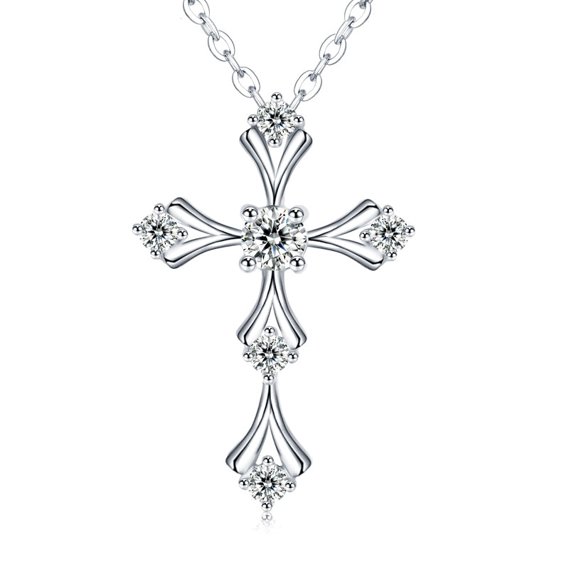 Planderful Elegant Sparkling 0.2CT Round Moissanite S925 Silver Plated Platinum Cross Pendant Necklace For Women