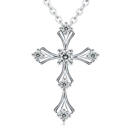Planderful Elegant Sparkling 0.2CT Round Moissanite S925 Silver Plated Platinum Cross Pendant Necklace For Women