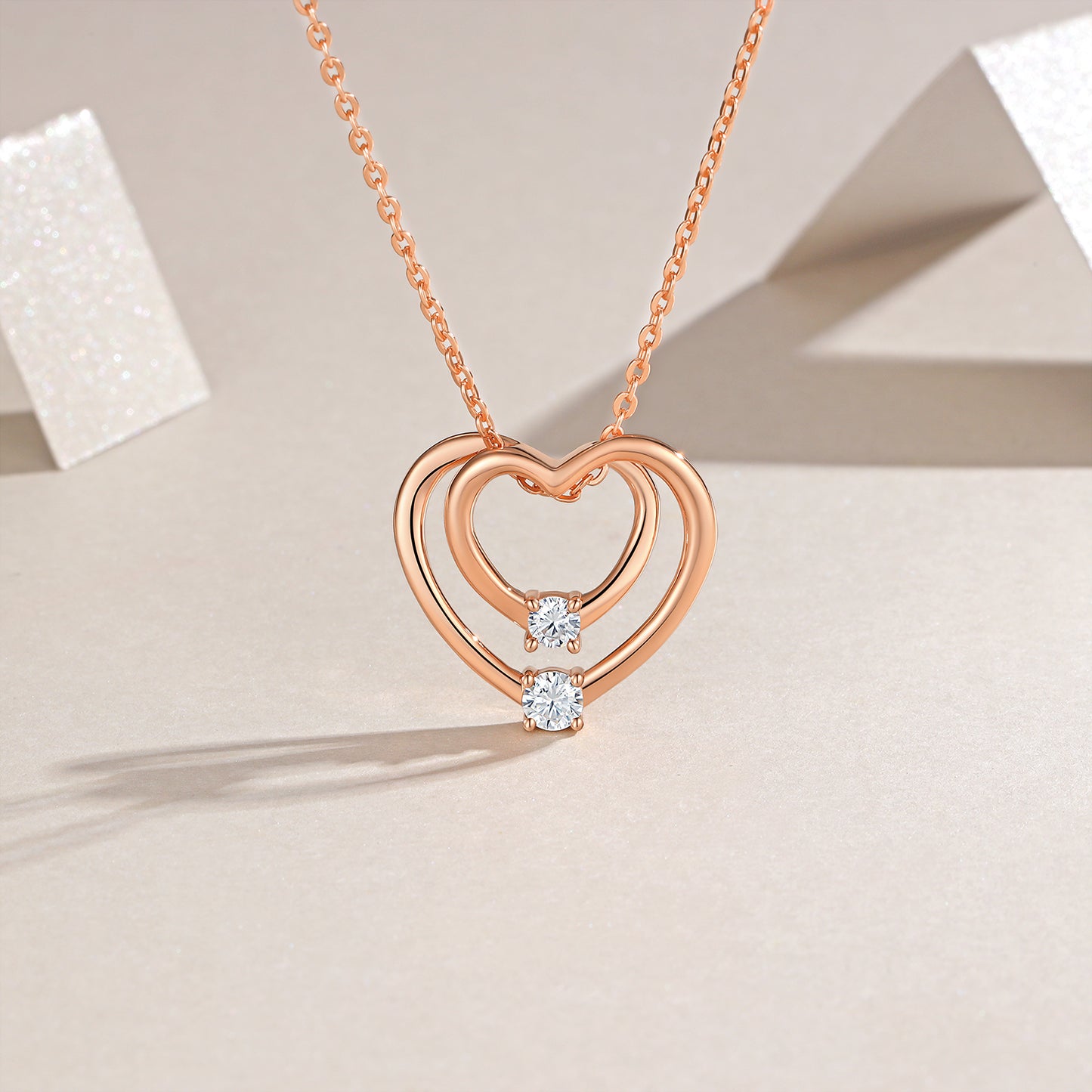 Planderful Moissanite Necklace Rose Gold Plated S925 Sterling Silver Double Heart Sparkling Gift For Her