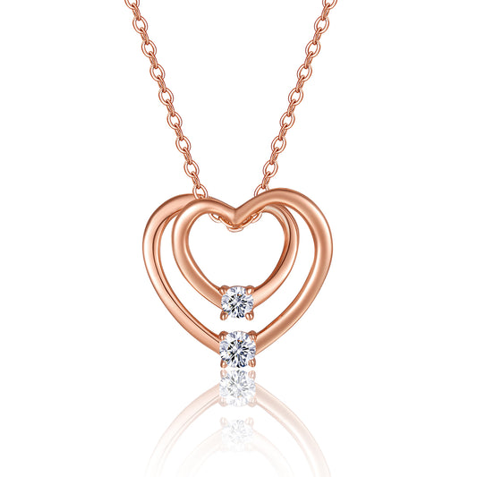 Planderful Moissanite Necklace Rose Gold Plated S925 Sterling Silver Double Heart Sparkling Gift For Her