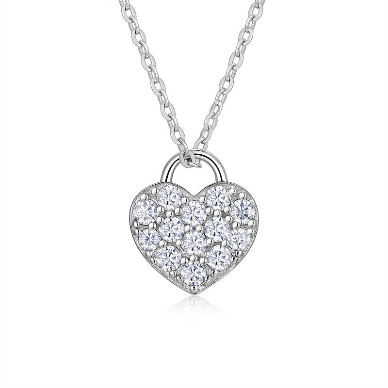Planderful Moissanite Love Lock Pendant Necklace 0.58Ct S925 Silver Plated 40cm Extender Elegant Gift for Her