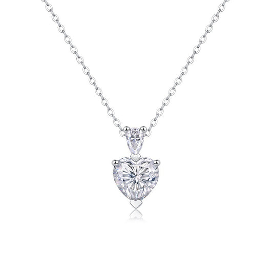 Planderful Moissanite Heart Necklace 2.0Ct With Pear Accent Sterling Silver Plated Dazzling Gift For Her