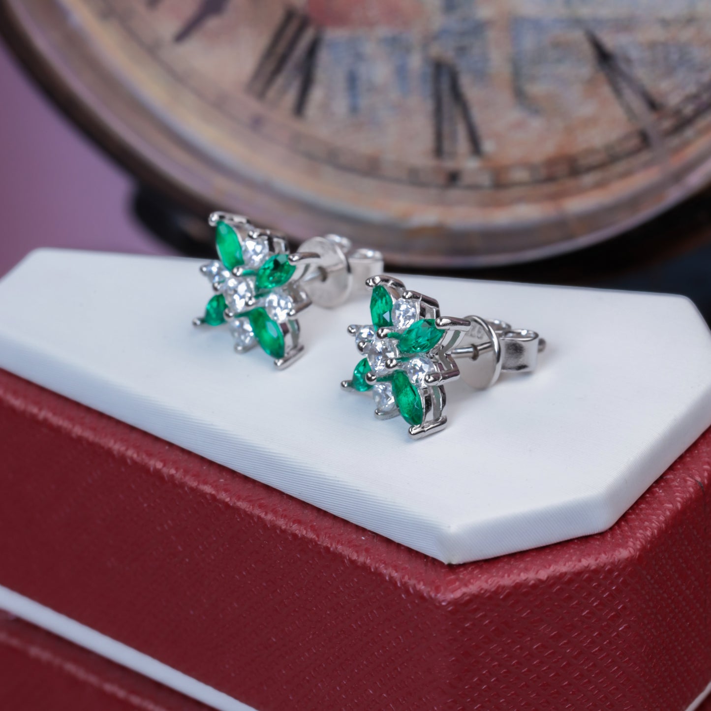 Planderful Lab Grown Emerald Flower Stud Earrings S925 Silver Plated Platinum Elegant Gift For Women