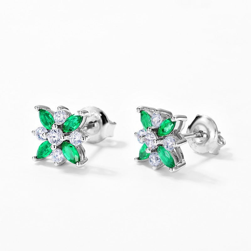 Planderful Lab Grown Emerald Flower Stud Earrings S925 Silver Plated Platinum Elegant Gift For Women
