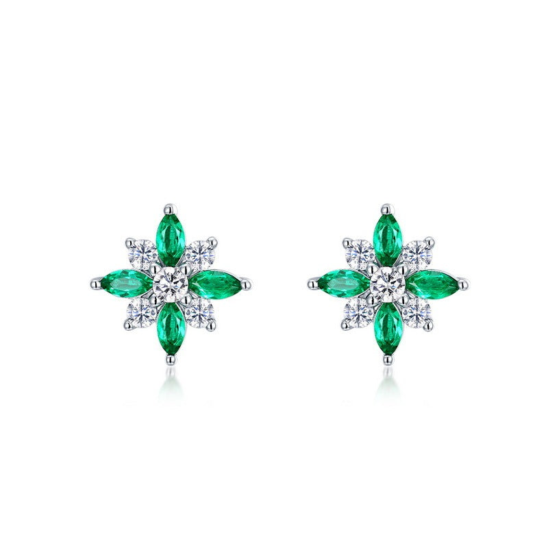 Planderful Lab Grown Emerald Flower Stud Earrings S925 Silver Plated Platinum Elegant Gift For Women