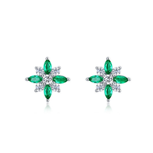 Planderful Lab Grown Emerald Flower Stud Earrings S925 Silver Plated Platinum Elegant Gift For Women