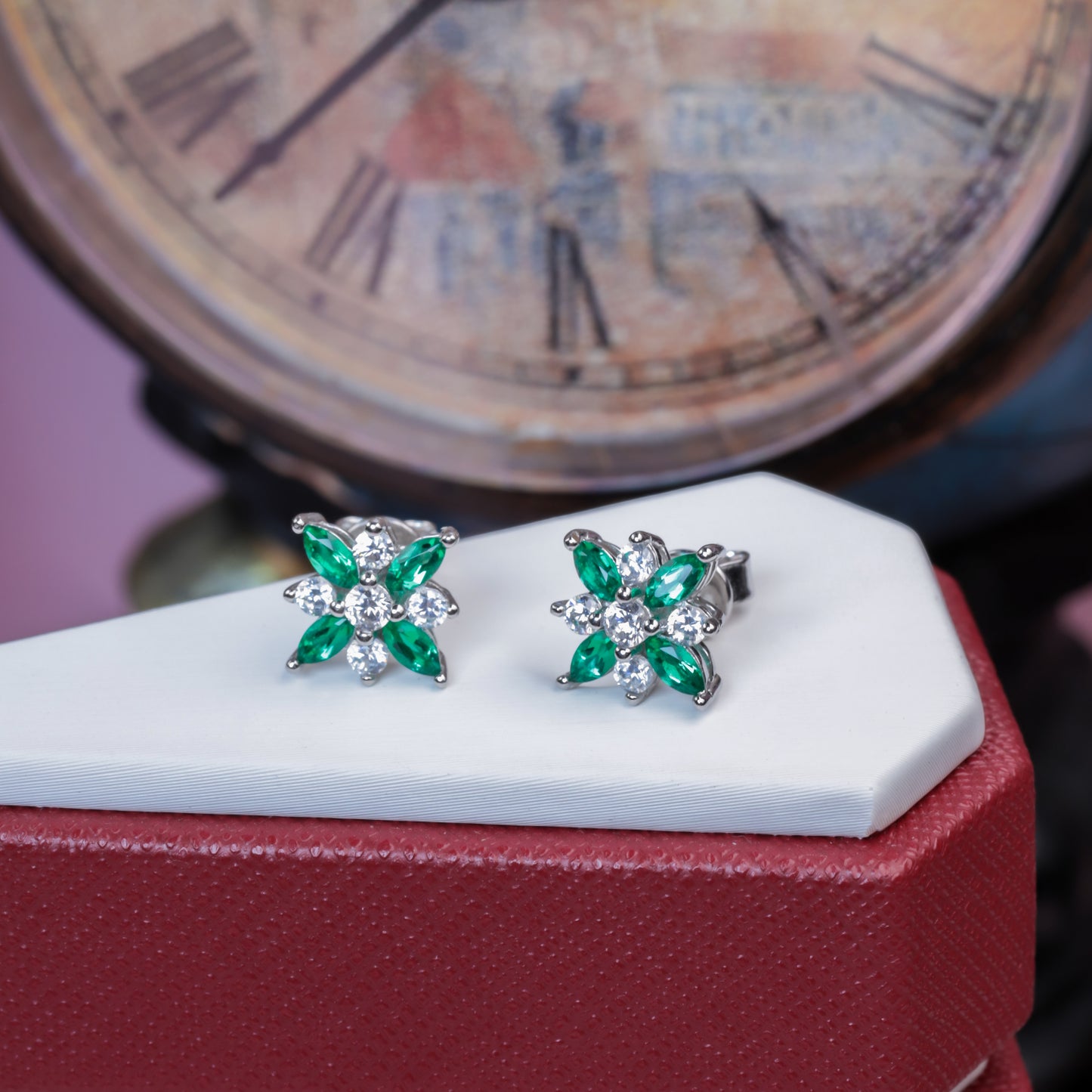 Planderful Lab Grown Emerald Flower Stud Earrings S925 Silver Plated Platinum Elegant Gift For Women