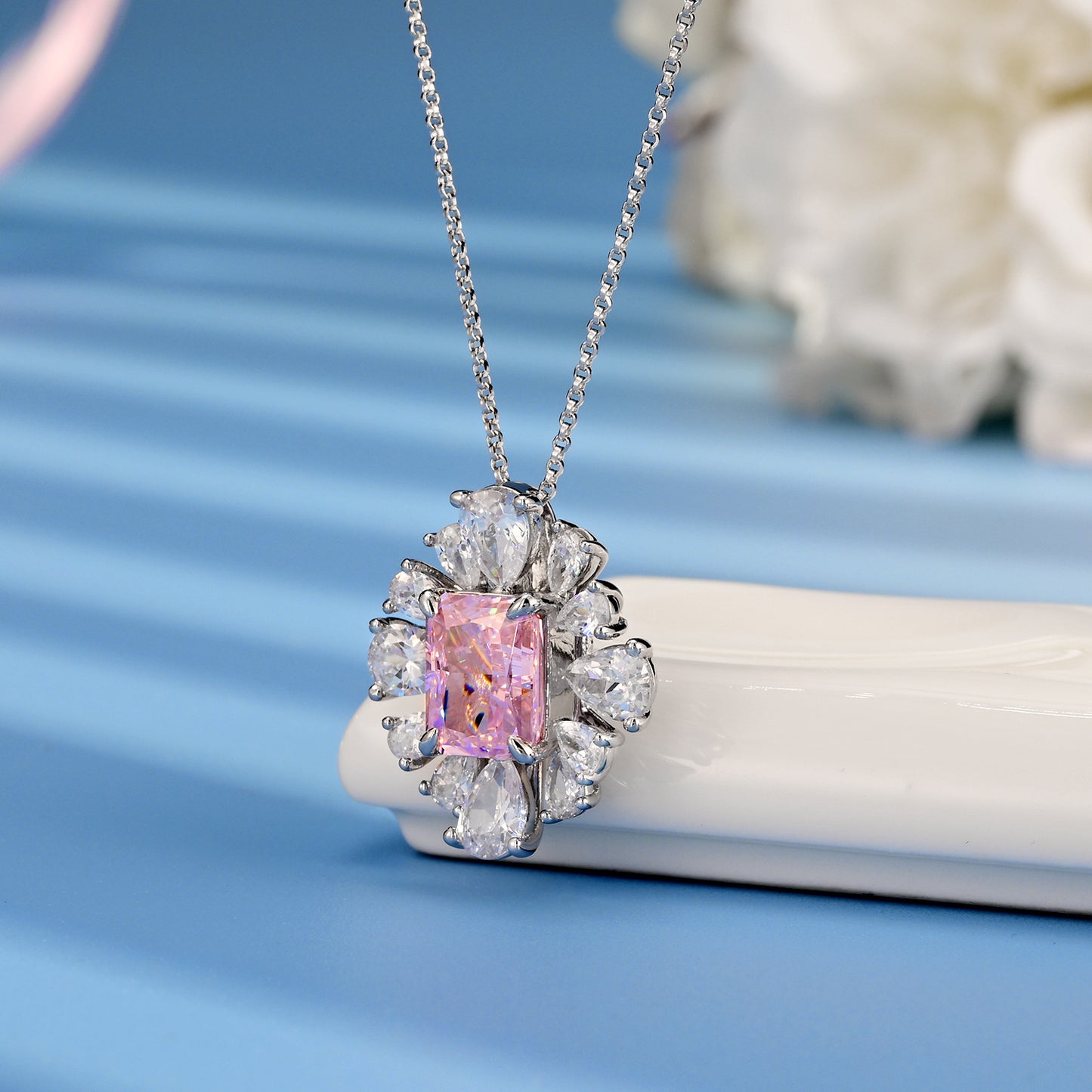 Planderful Zircon Pendant Necklace Silver Plated Rectangular High Carbon Zircon 40 To 45 Cm For Women Gift