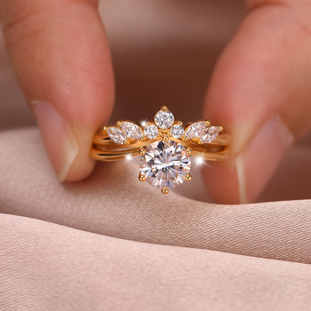 Planderful Moissanite Ring Set 1.2CT 7mm S925 Silver Gold Plated For Her Elegant Engagement Gift