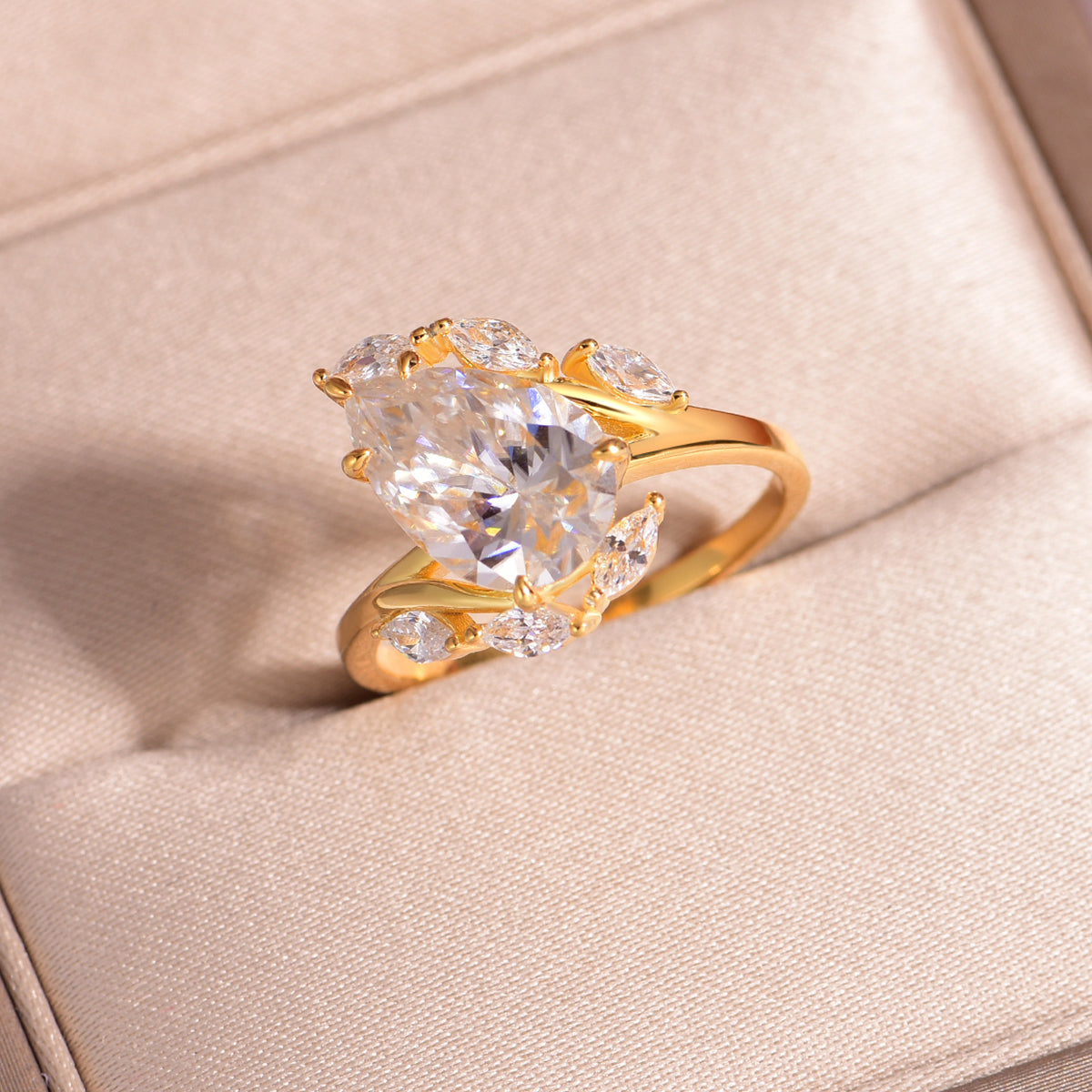 Planderful Moissanite Ring For Women 4.0CT Pear Drop Main Stone S925 Silver Gold Plated Luxury Sparkling Gem