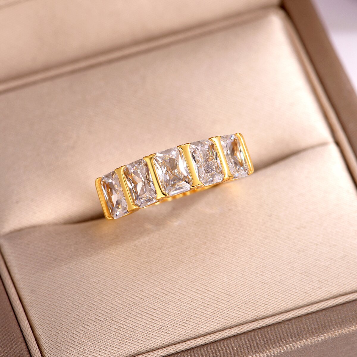 Planderful Moissanite Ring For Her Radiant Cut 4.0CT Half Eternity Sparkling Sterling Silver Gold Plated