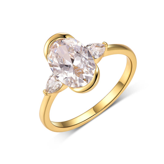 Planderful Moissanite Three Stone Ring Oval Two Point Five Ct S925 Silver Gold Plated Gift For Her