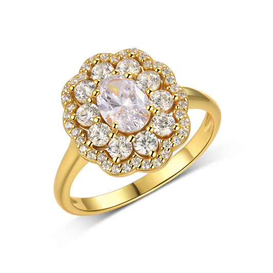 Planderful Moissanite Flower Ring 1.0Ct Oval Main Stone S925 Gold Plated Sterling Silver Sparkling For Her