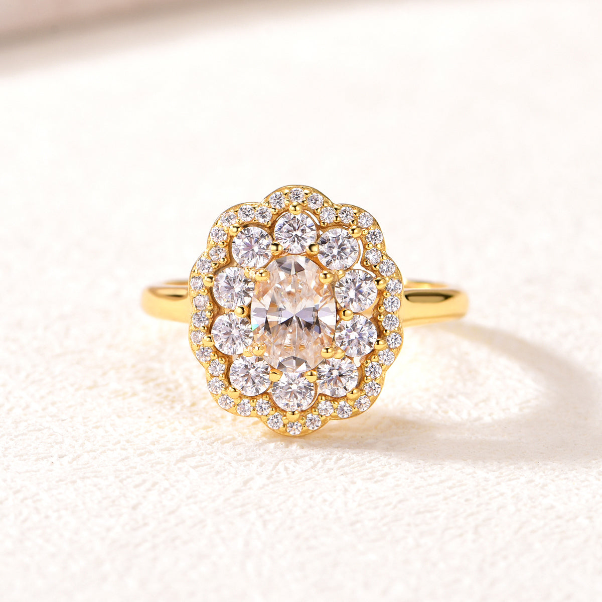 Planderful Moissanite Flower Ring 1.0Ct Oval Main Stone S925 Gold Plated Sterling Silver Sparkling For Her