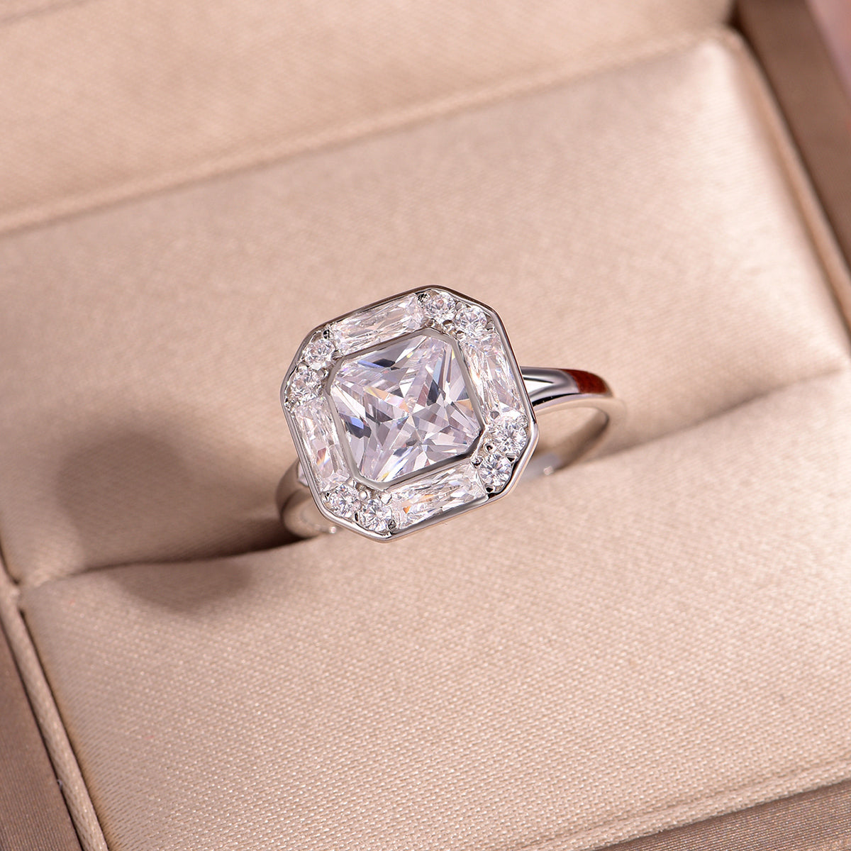 Planderful Moissanite Ring 2.0Ct Square Octagonal Main Stone In S925 Silver For Her Engagement