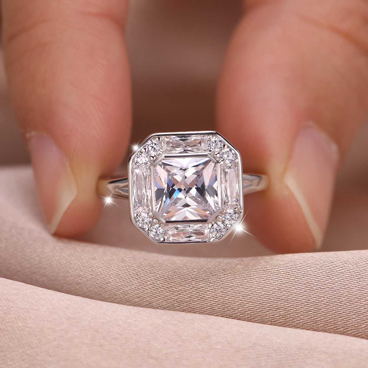 Planderful Moissanite Ring 2.0Ct Square Octagonal Main Stone In S925 Silver For Her Engagement