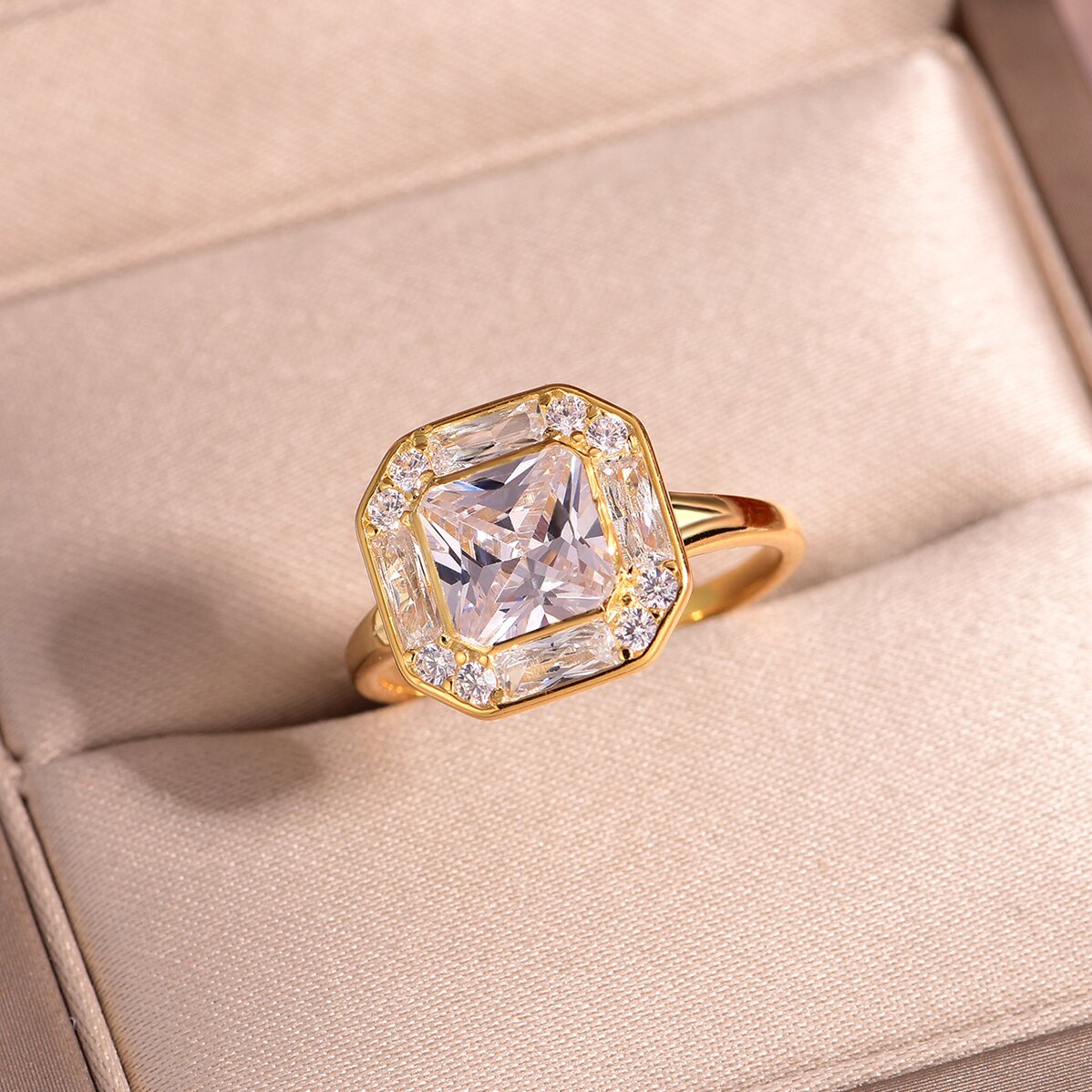 Planderful Moissanite Ring 2.0Ct Square Octagonal Main Stone In S925 Silver For Her Engagement