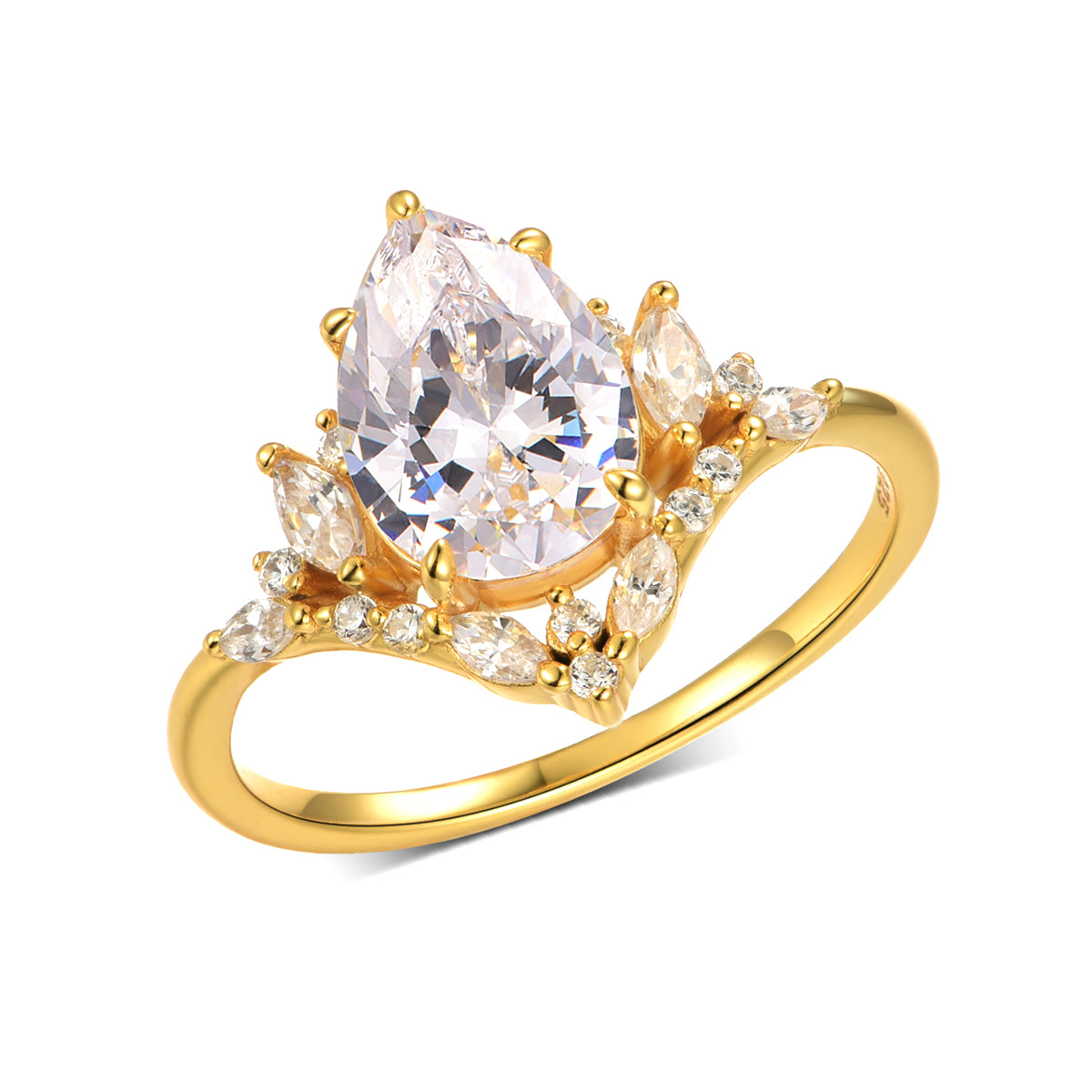 Planderful Moissanite Ring Pear Shaped 2 Ct Sparkling S925 Gold Plated Silver V Shaped Light Luxury For Her