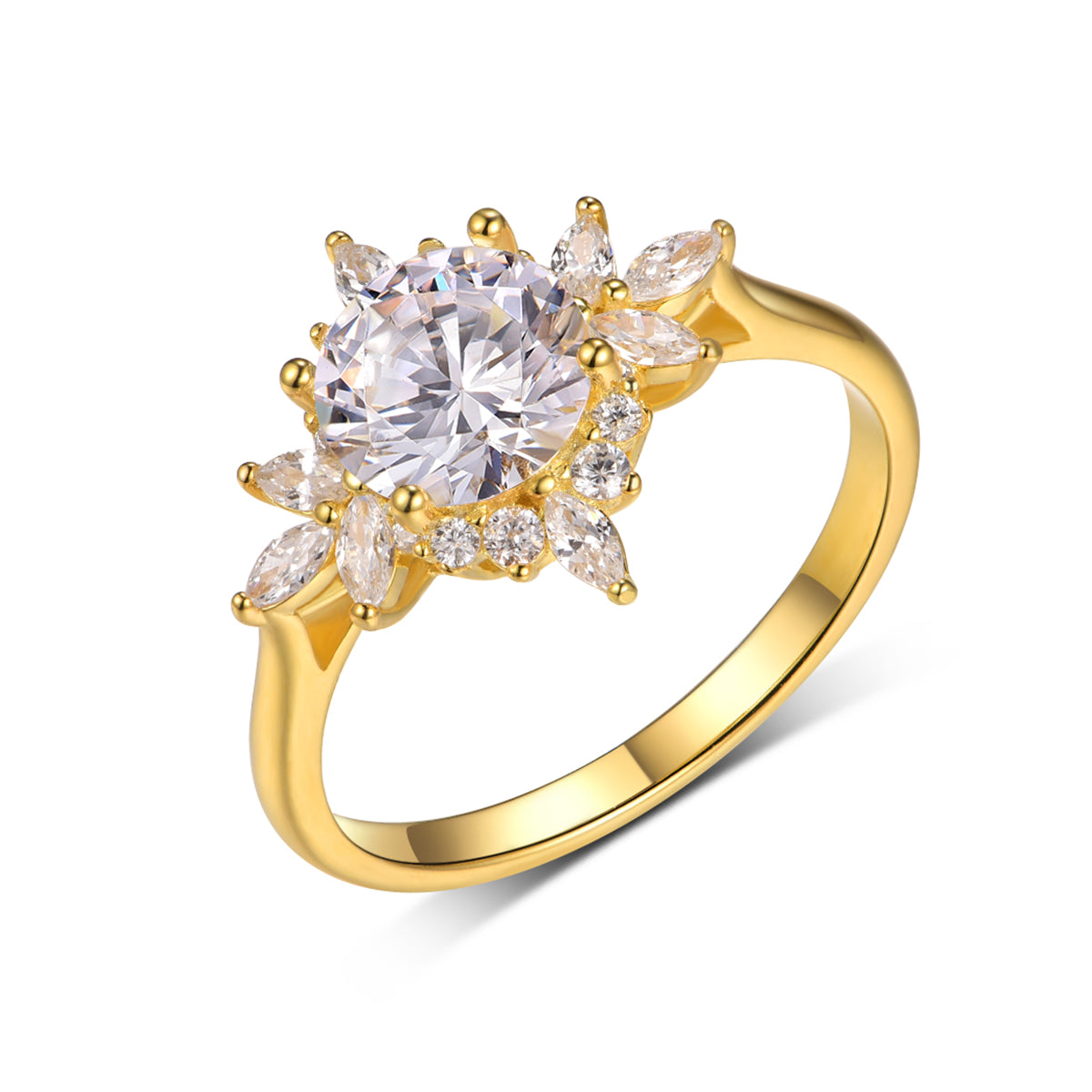 Planderful Moissanite Ring For Women 1.2CT Round Stone Flower Design S925 Gold Plated Jewelry Gift