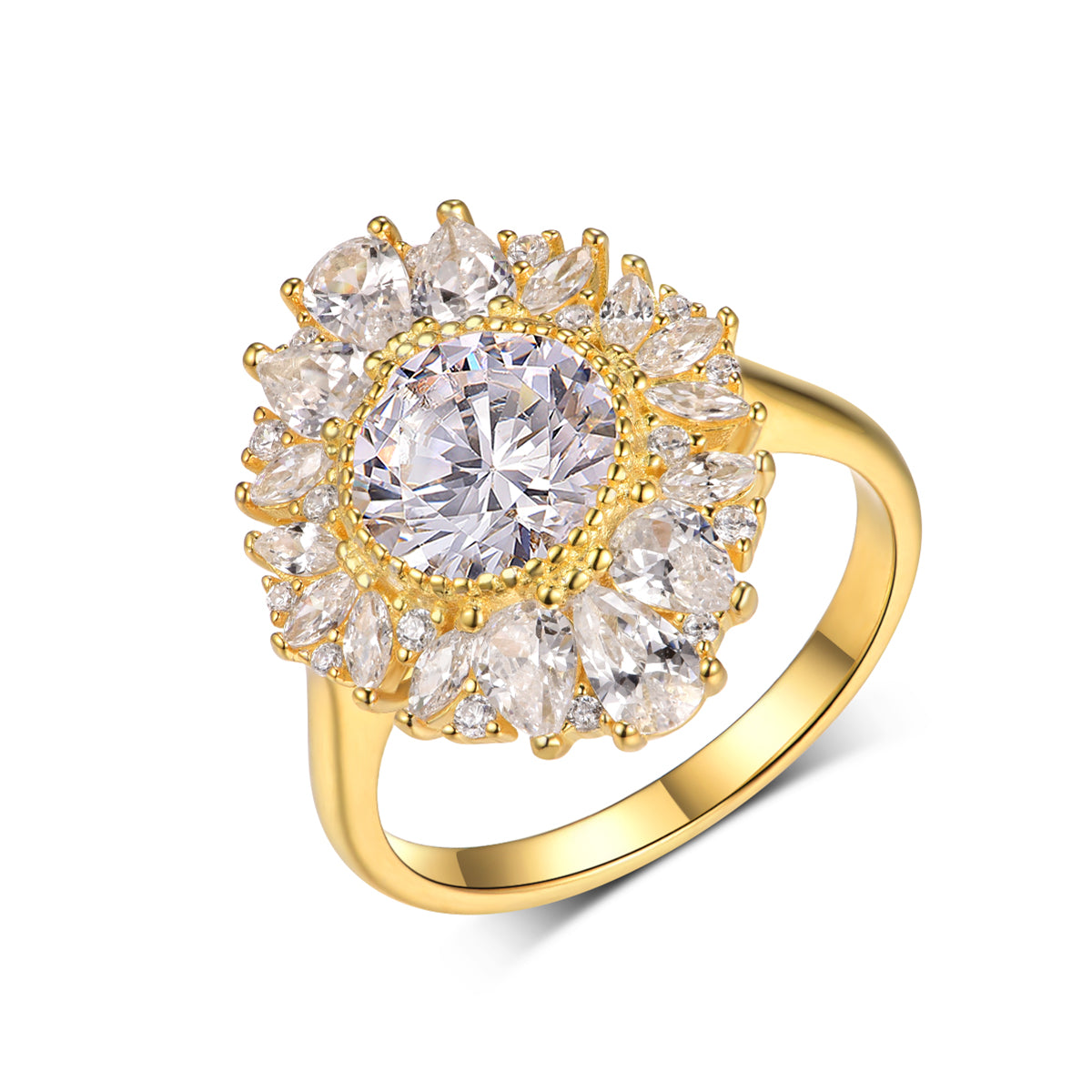 Planderful Moissanite Ring For Women Luxurious 2.0Ct Round Stone Gold Plated S925 Silver Flower Design