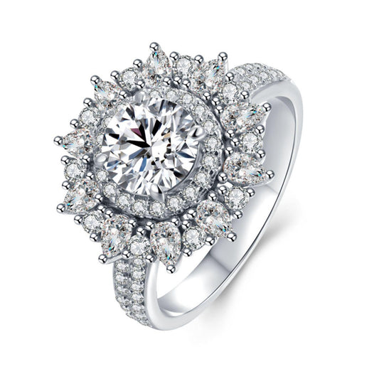 Planderful Luxury Moissanite Ring For Women 2Ct Round Stone With Petal Halo S925 Silver Plated