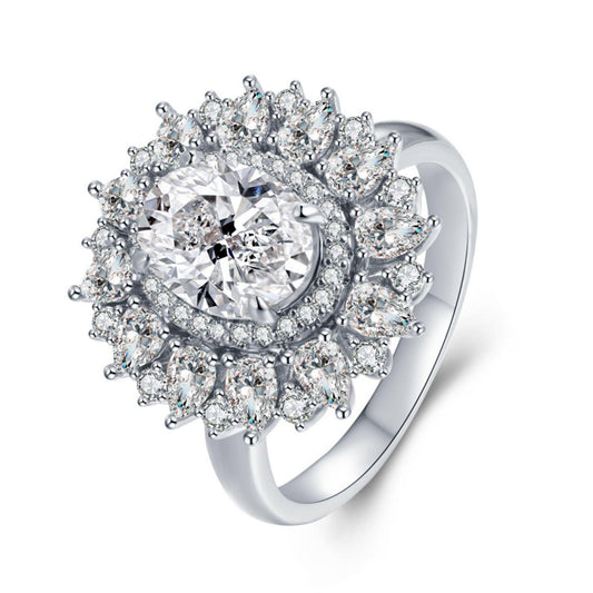 Planderful Moissanite Ring 2Ct Oval Stone With Petal Halo Sparkling S925 Silver Plated Luxury For Women